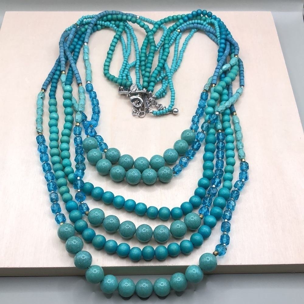 Chico's blue beaded multi layer statement style boho necklace